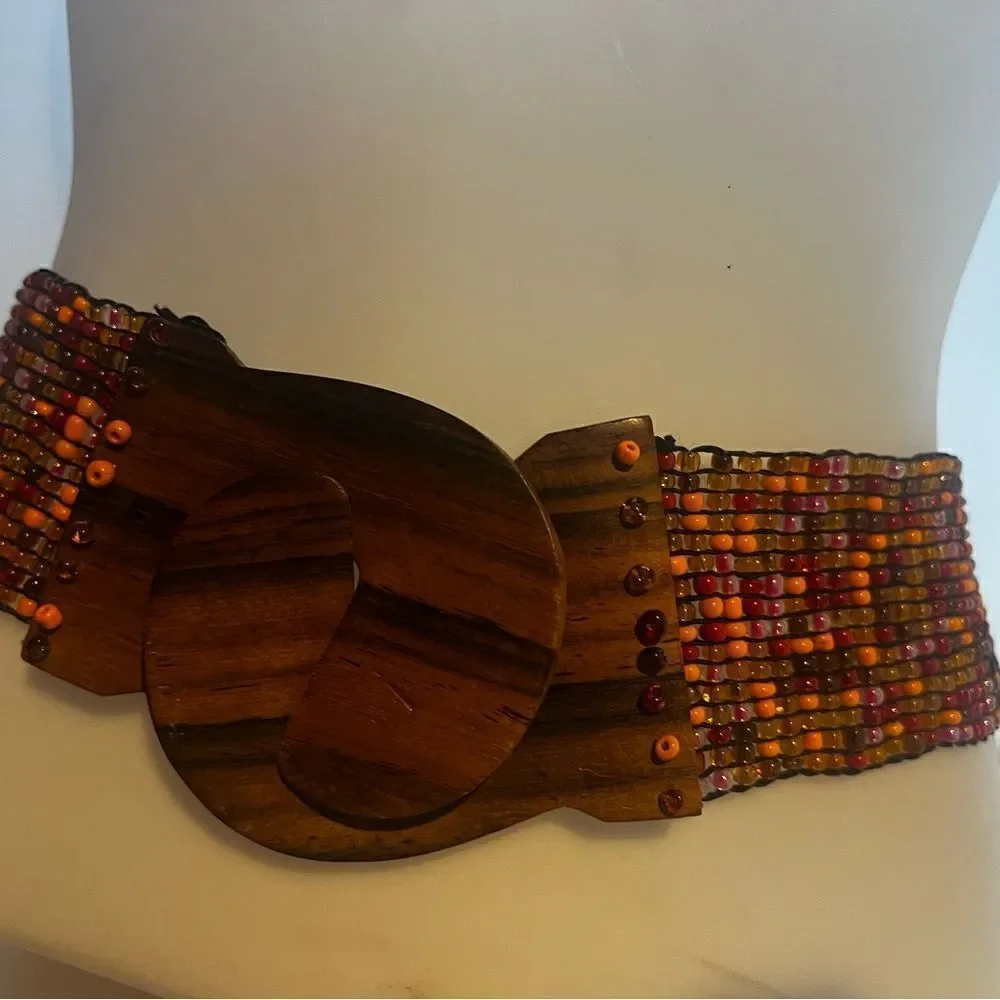 beaded dress belt tribal stone wooden closure